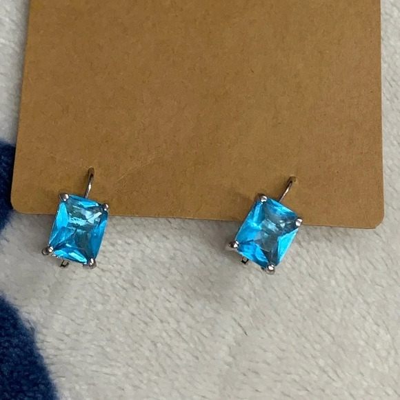 Silver Tone Blue Rectangle Gemstone Lever Back Earrings - Picture 3 of 7